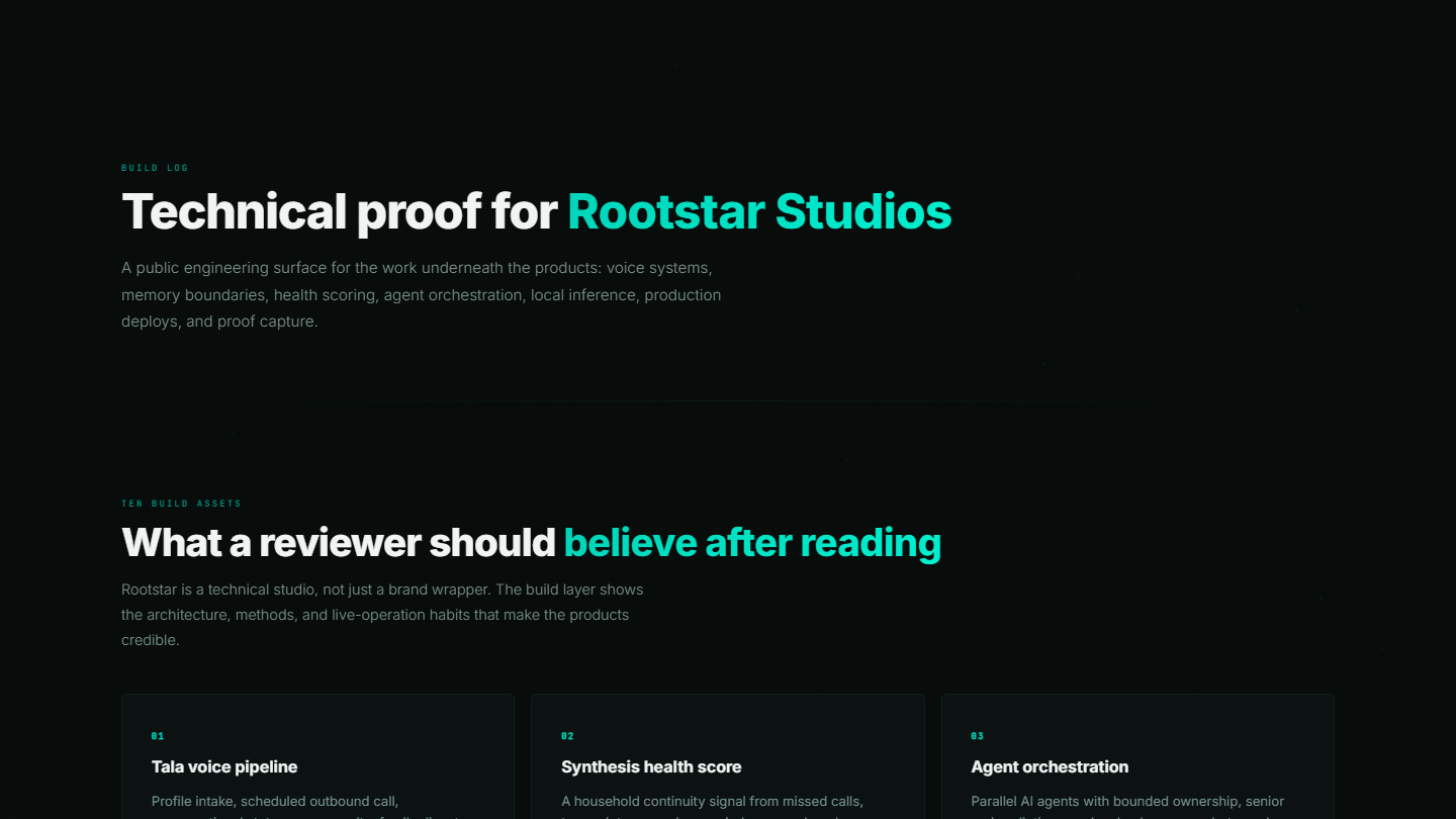 Current Rootstar build log technical proof page.